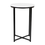 English Elm End Table - Modern White Marble Finish Accent Table with Crisscross Matte Frame