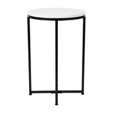 English Elm End Table - Modern White Marble Finish Accent Table with Crisscross Matte Frame