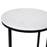 English Elm End Table - Modern White Marble Finish Accent Table with Crisscross Matte Frame