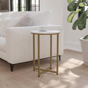 English Elm End Table - Modern White Marble Finish Accent Table with Crisscross Brushed Frame