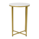 English Elm End Table - Modern White Marble Finish Accent Table with Crisscross Brushed Frame