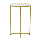 English Elm End Table - Modern White Marble Finish Accent Table with Crisscross Brushed Frame