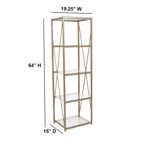 English Elm 4 Shelf 64"H Cross Brace Glass Bookcase in Matte
