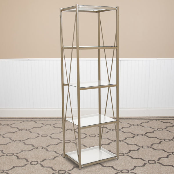 English Elm 4 Shelf 64"H Cross Brace Glass Bookcase in Matte