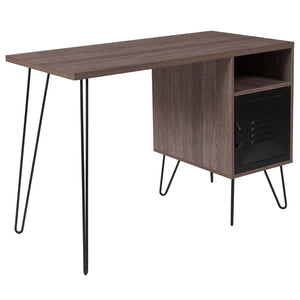 English Elm Wood Grain Finish Computer Desk with Metal Cabinet Door and Black Metal Legs