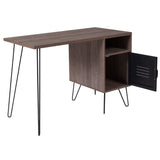 English Elm Wood Grain Finish Computer Desk with Metal Cabinet Door and Black Metal Legs