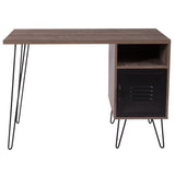 English Elm Wood Grain Finish Computer Desk with Metal Cabinet Door and Black Metal Legs