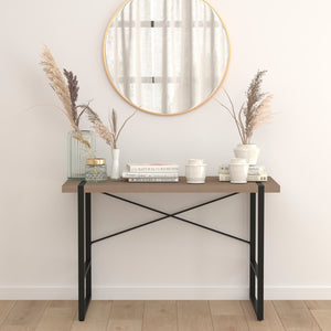 English Elm Wood Grain Finish Console Table with Black Metal Frame