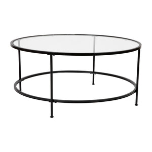 English Elm Round Coffee Table - Modern Clear Glass Coffee Table with Matte Frame