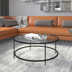 English Elm Round Coffee Table - Modern Clear Glass Coffee Table with Matte Frame