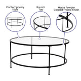 English Elm Round Coffee Table - Modern Clear Glass Coffee Table with Matte Frame