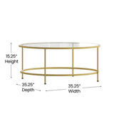 English Elm Round Coffee Table - Modern Glass Coffee Table with Brushed Gold Frame