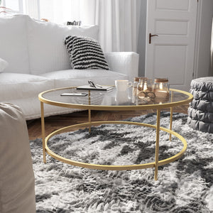 English Elm Round Coffee Table - Modern Glass Coffee Table with Brushed Gold Frame