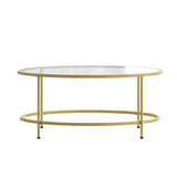 English Elm Round Coffee Table - Modern Glass Coffee Table with Brushed Gold Frame