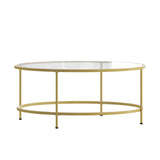 English Elm Round Coffee Table - Modern Glass Coffee Table with Brushed Gold Frame