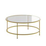 English Elm Round Coffee Table - Modern Glass Coffee Table with Brushed Gold Frame