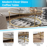 English Elm Round Coffee Table - Modern Glass Coffee Table with Brushed Gold Frame