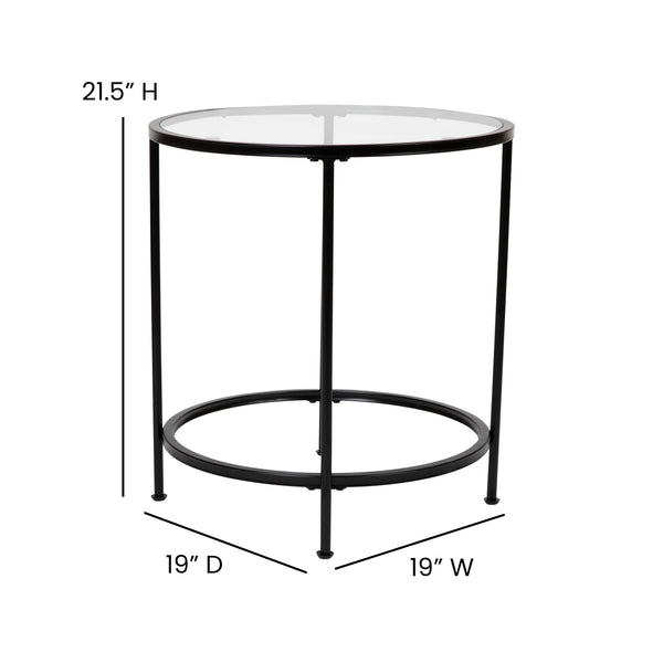 English Elm Round End Table - Modern Clear Glass Accent Table with Matte Frame