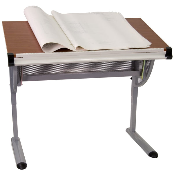 English Elm Adjustable Drawing and Drafting Table with Pewter Frame