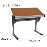 English Elm Adjustable Drawing and Drafting Table with Pewter Frame