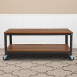 TV Stand in Wood Grain Finish with Metal Wheels