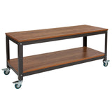 English Elm TV Stand in Wood Grain Finish with Metal Wheels