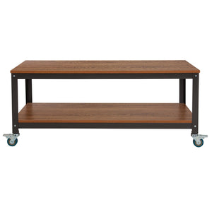 English Elm TV Stand in Wood Grain Finish with Metal Wheels