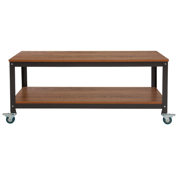 English Elm TV Stand in Wood Grain Finish with Metal Wheels