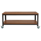 English Elm TV Stand in Wood Grain Finish with Metal Wheels