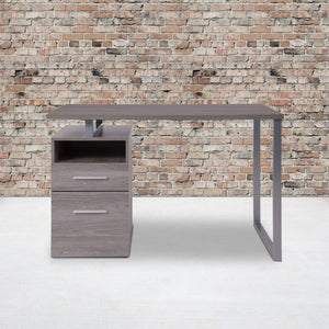 English Elm Wood Grain Finish Computer Desk with Two Drawers and Silver Metal Frame