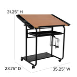 English Elm Adjustable Drawing and Drafting Table with Black Frame and Dual Wheel Casters