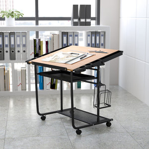 English Elm Adjustable Drawing and Drafting Table with Black Frame and Dual Wheel Casters