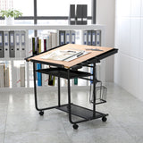 Adjustable Drawing Table, Black Frame, Cherry Finish | Multipurpose, Dual Wheel Casters | 30