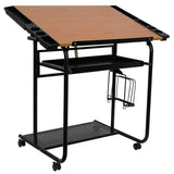 English Elm Adjustable Drawing and Drafting Table with Black Frame and Dual Wheel Casters