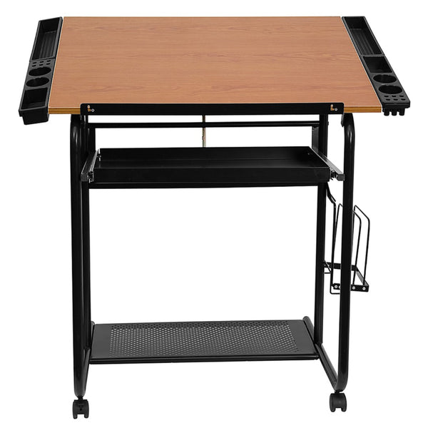 English Elm Adjustable Drawing and Drafting Table with Black Frame and Dual Wheel Casters