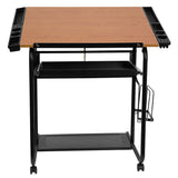 English Elm Adjustable Drawing and Drafting Table with Black Frame and Dual Wheel Casters