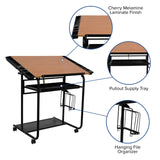 English Elm Adjustable Drawing and Drafting Table with Black Frame and Dual Wheel Casters