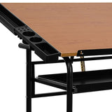 English Elm Adjustable Drawing and Drafting Table with Black Frame and Dual Wheel Casters