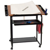 English Elm Adjustable Drawing and Drafting Table with Black Frame and Dual Wheel Casters