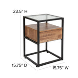 English Elm Glass End Table with Drawer and Shelf in Wood Grain Finish