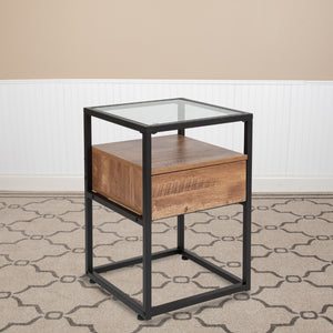 English Elm Glass End Table with Drawer and Shelf in Wood Grain Finish