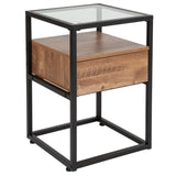 English Elm Glass End Table with Drawer and Shelf in Wood Grain Finish