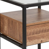 English Elm Glass End Table with Drawer and Shelf in Wood Grain Finish