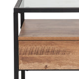 English Elm Glass End Table with Drawer and Shelf in Wood Grain Finish