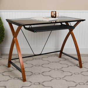 English Elm Glass Computer Desk with Pull-Out Keyboard Tray and Crisscross Frame