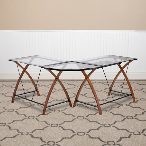 English Elm Glass L-Shape Desk with Pull-Out Keyboard Tray