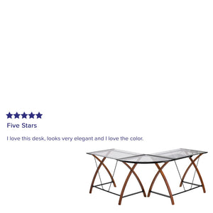 English Elm Glass L-Shape Desk with Pull-Out Keyboard Tray