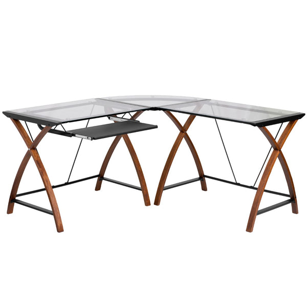 English Elm Glass L-Shape Desk with Pull-Out Keyboard Tray