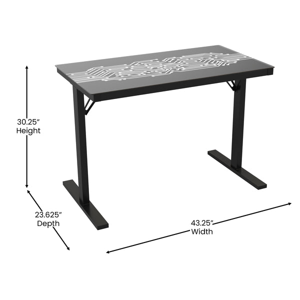 English Elm 43" Commercial Grade Gaming Desk with LED Lights, Tempered Glass Desktop, Home or Office Computer Table, Steel Frame with LED Light Remote,