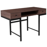 English Elm Wood Grain Finish Computer Desk with Drawers and Black Metal Legs